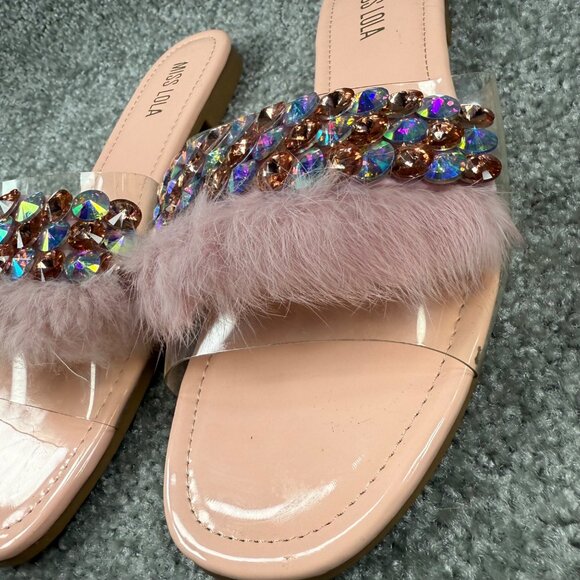 Faux Fur & Rhinestone Embellished Pink Slide Sandals Miss Lola Size 9 Slip On - Picture 8 of 16